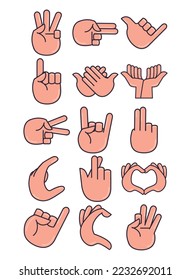 vector image set of 15 icons of hands making signs with white background