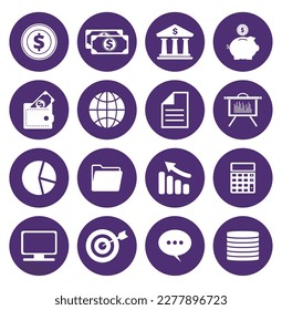 vector image set of 16 business icons with yellow background and yellow border