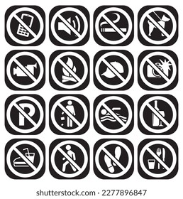 vector image set of 16 forbidden icons with black lines