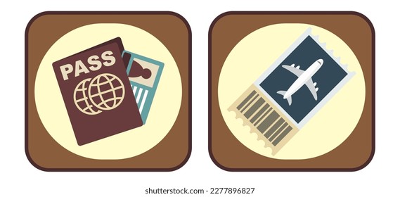 vector image set of 2 travel icons with yellow background and brown border