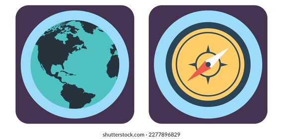 vector image set of 2 travel icons with blue background and brown border