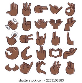conjunto de imágenes vectoriales de 25 iconos de manos marrones sobre fondo blanco