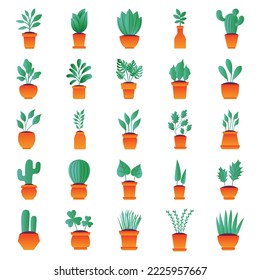 vector image set of 25 image of bushes in pots with white background