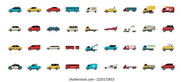 conjunto de imágenes vectoriales de 36 coches con fondo blanco