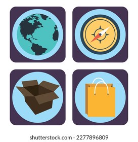 vector image set of 4 travel icons with blue background and brown border