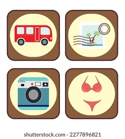 vector image set of 4 travel icons with yellow background and brown border