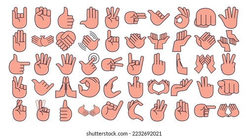 conjunto de imágenes vectoriales de 50 iconos de manos haciendo signos con fondo blanco