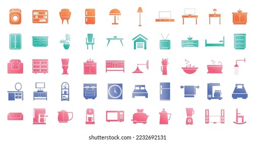 vector image set of 50 icons of household utensils on a white background