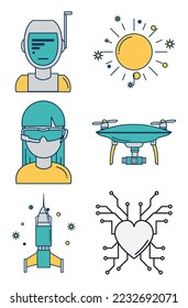 vector image set of 6 futuristic technology icons with white background