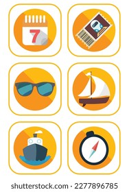 vector image set of 6 travel icons with yellow background and yellow border