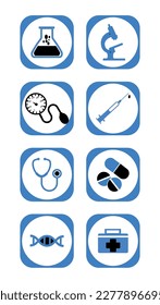conjunto de imágenes vectoriales de 8 iconos de estado con fondo azul y borde azul