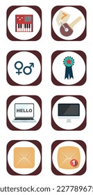 vector image set of 8 music and digital icons with yellow background and yellow border