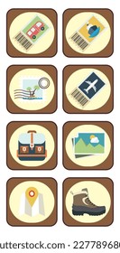 vector image set of 8 travel icons with yellow background and brown border