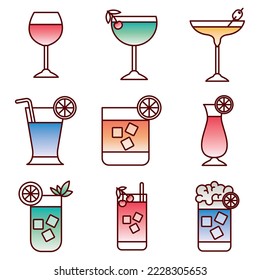vector image set of 9 drinks icons with white background