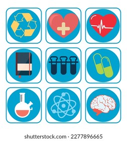 vector image set of 9 health icons with blue background and blue border