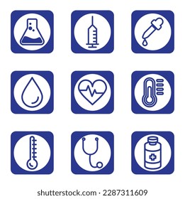 vector image set of 9 health icons with blue background and blue border