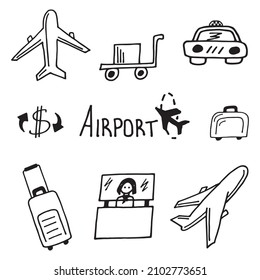 conjunto de imágenes vectoriales del doodle de estilo de aeropuerto