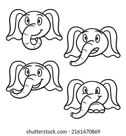 Vector image. A set of animals, funny emotions of a cartoon elephant, a line. Monochrome illustration, coloring book.