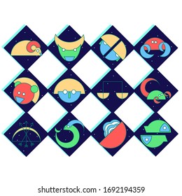 Vector image, set of astrological horoscope zodiac signs for decoration and design in various colorful tones on a starry background made from diamond-shaped elements