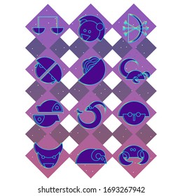 Vector image, set of astrological horoscope zodiac signs for decoration and design in purple tones on a starry background with diamond-shaped elements