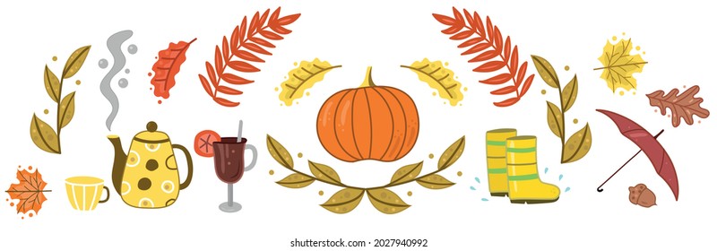 Imagen vectorial de un conjunto de atributos de otoño. El comienzo del otoño, tetera, calabaza, hojas de otoño. Banne