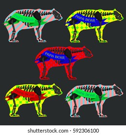 vector image. a set of bears. skeleton. psychedelic