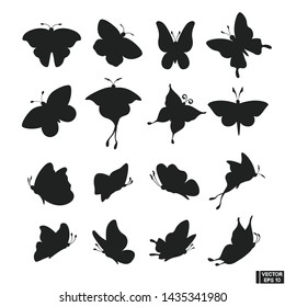 Vector image. Set of black silhouettes of different butterflies.