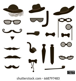 Vector image. Set of black silhouettes photo booth props set. Hats, tubes, masks, mustaches and beards