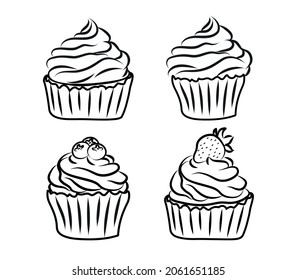 Vector image. A set of black and white cupcakes with cream and berries. Doodle style.An element for decorating postcards, printing bakery menus.