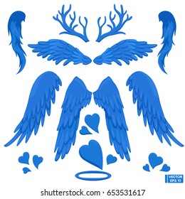 Vector image. Set of blue gentle wings and horns
