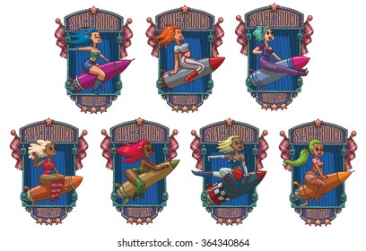 Vector image of a set of blue metal emblems with flags, stars, banners and with cartoon images of different sexy girls sitting astride a metal rockets on a white background. Vector illustration.