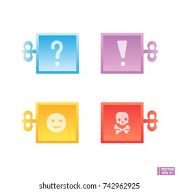 Vector image. A set of boxes with a pop-up surprise. Jack in the box toy. Mysterious, gambling boxes.