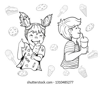 Vector image. Set of boy and girl in the style of the doodle. The girl eats ice cream, squinted and shows thumb up. The boy contented drinks from paper cup.