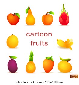Vector image. Set of bright colored cartoon fruits. Vegetarian food.