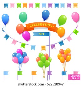 Vector image. Set of bright festive elements. Beautiful balloons with colored flags. Ballons and flags celebration set