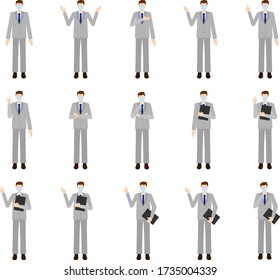 Conjunto de imágenes vectoriales del hombre de negocios con uniforme de oficina con máscara