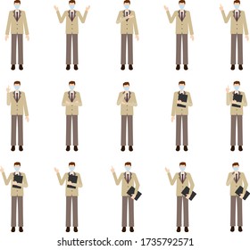 Vector image set of business man in office uniform with mask