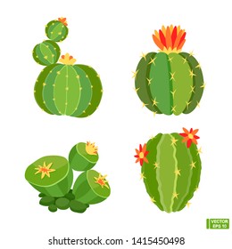 Vector image. Set of cartoon blooming cacti in flat style. Cactus icons