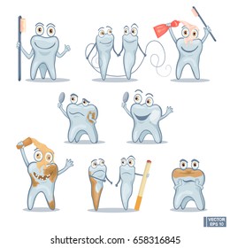 Vector image. A set of cartoon funny teeth. Healthy and sick teeth. Cleaning and dental care.