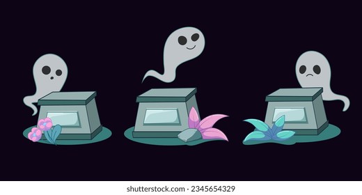 Vector image of set cartoon ghost near tombstone. Vector image of ghost with grave. Halloween, day of the dead, scary for kids