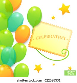 Vector image. Set of celebration festive elements. Colored balloons, flags and fireworks