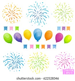 Vector image. Set of celebration festive elements. Colored balloons, flags and fireworks