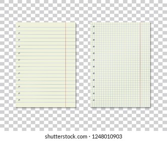 Vector image set of checkered and line sheets of paper on transparent background. Realistic sheets from a notebook. Layers grouped for easy editing illustration. For your design. 