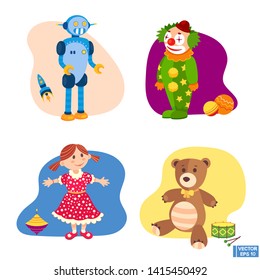 Vector image. Set of children's toys in flat style. Clown, doll, bear and robot.