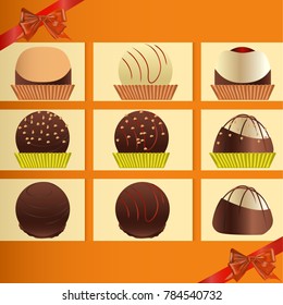 Vector image of a set of chocolate, truffle candy on a banner with ribbons and bows