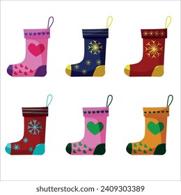 Vector image of a set of Christmas socks for gifts. Fireplace decoration for New Year holidays.