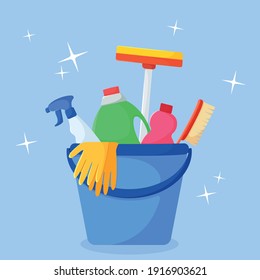 Vector image of a set for cleaning.  Household cleaning products. Illustration in flat style. Background blue. Cleaning products in a bucket

