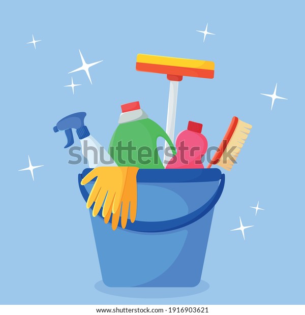 Vector image of a set for cleaning.  Household\
cleaning products. Illustration in flat style. Background blue.\
Cleaning products in a\
bucket\
\

