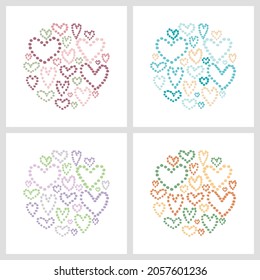 Vector image. A set of colored cards (red, blue, lilac, orange). Hearts made up of dots in the shape of a circle. Cute illustrations to decorate covers and posters. Valentine's day postcard print.