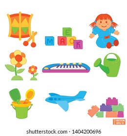 Vector image. Set of colored children's toys in flat style.